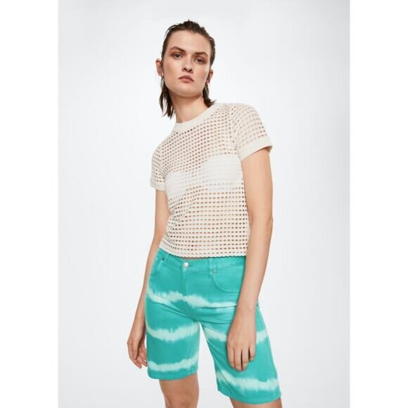 Mango Straight Low Waist Denim Short Womens Size XXS Turquoise Tie-Dye - Picture 1 of 5